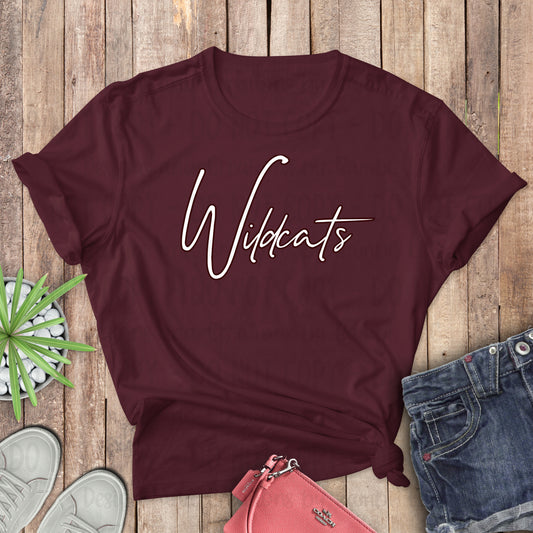 Palestine Wildcats Script White with Maroon Outline