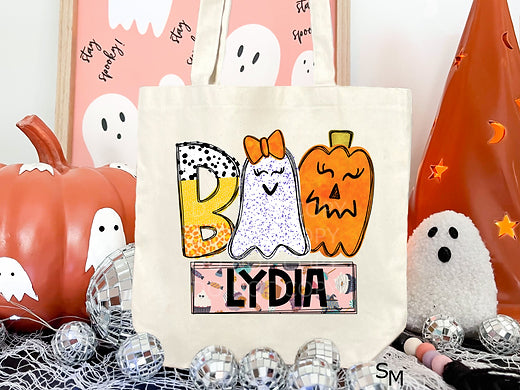 Personalized Boo with Ghost Canvas Tote for Girls