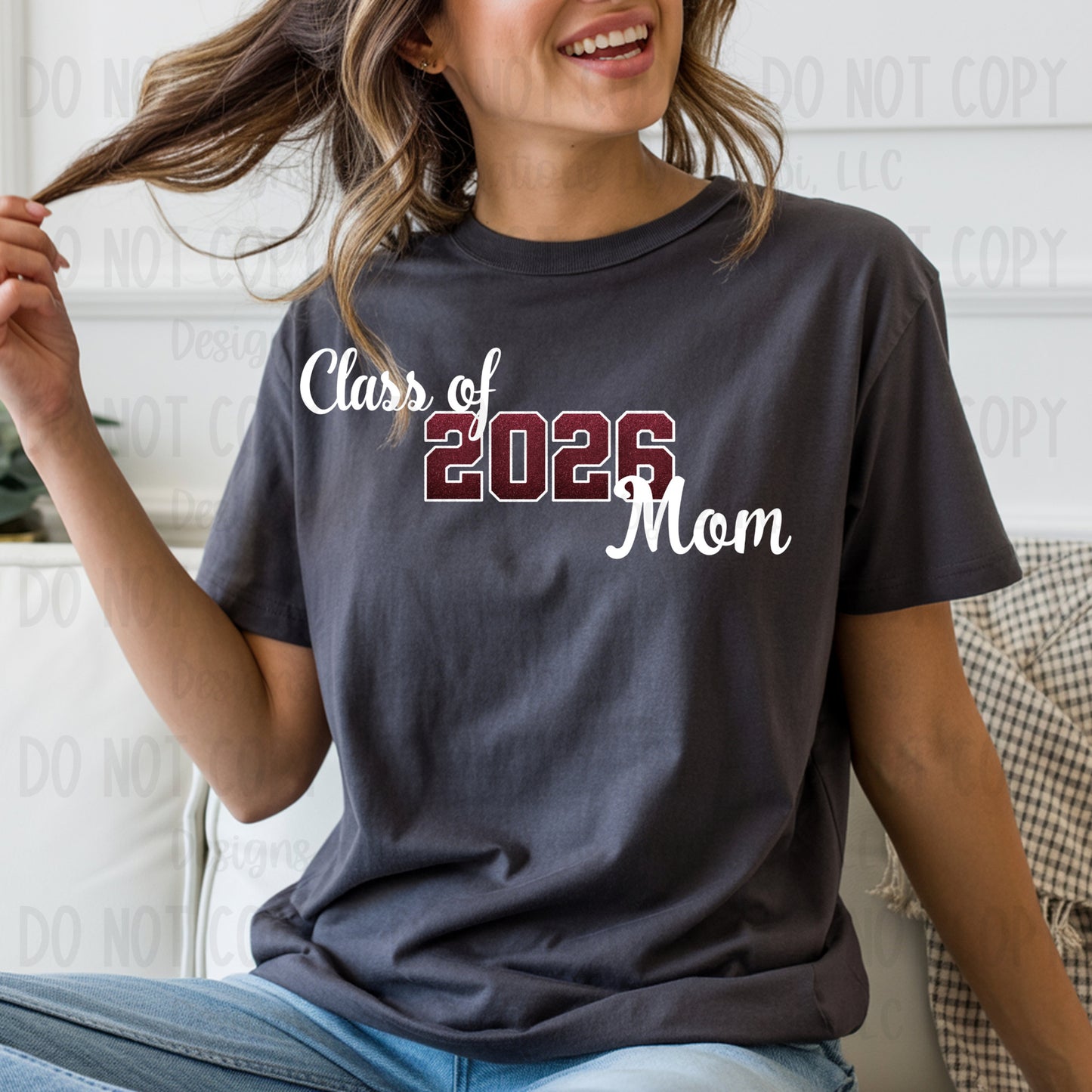 Class of 2026 Mom Faux Glitter/Embroidery Maroon with White Outline and White Font