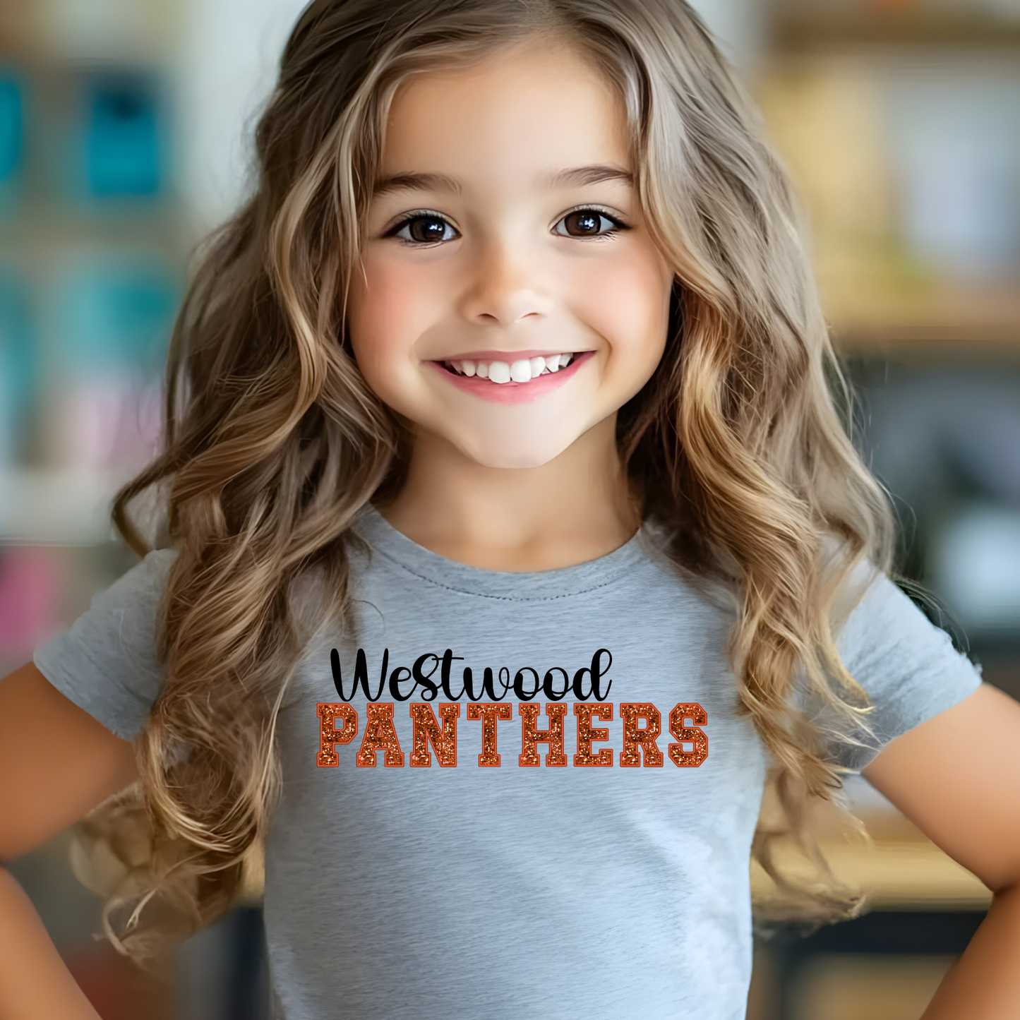 Westwood Panthers in Faux Orange Sequin with Orange Outline
