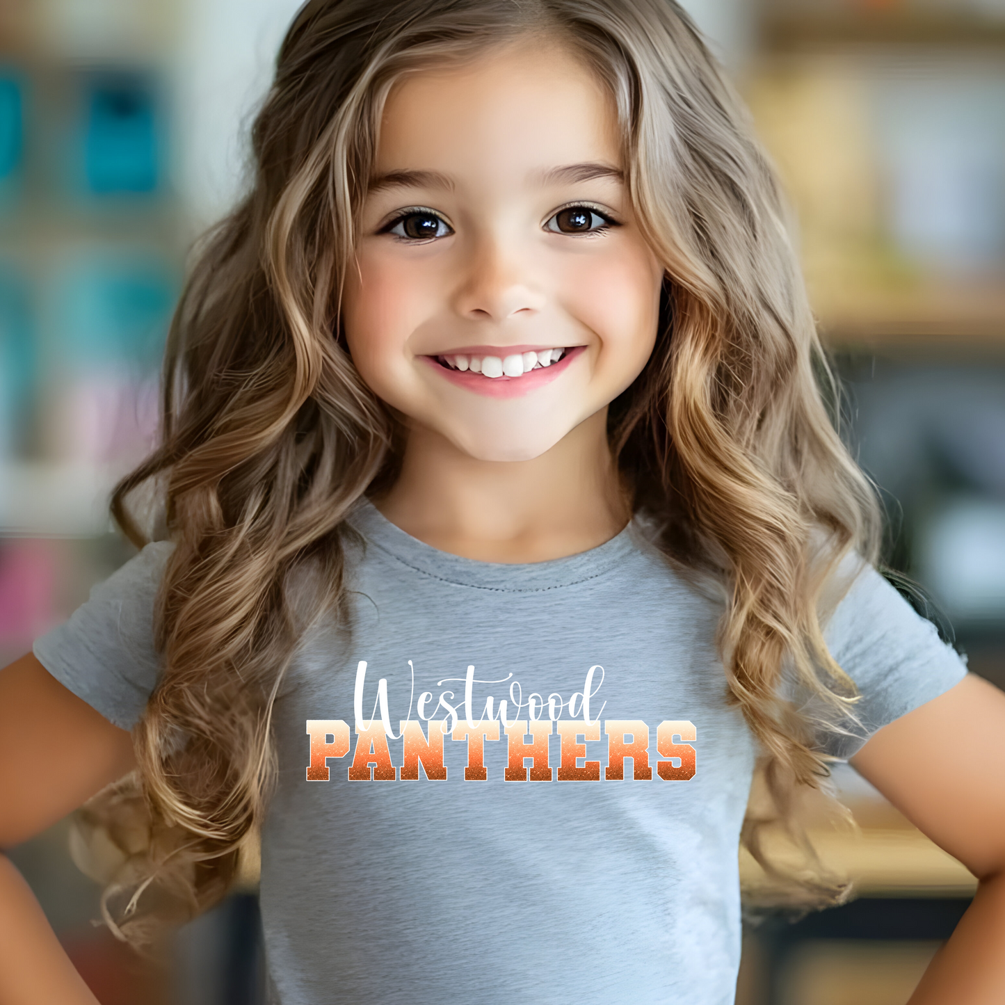 Panthers in Ombre Orange Faux Glitter with White Outline- Westwood in White