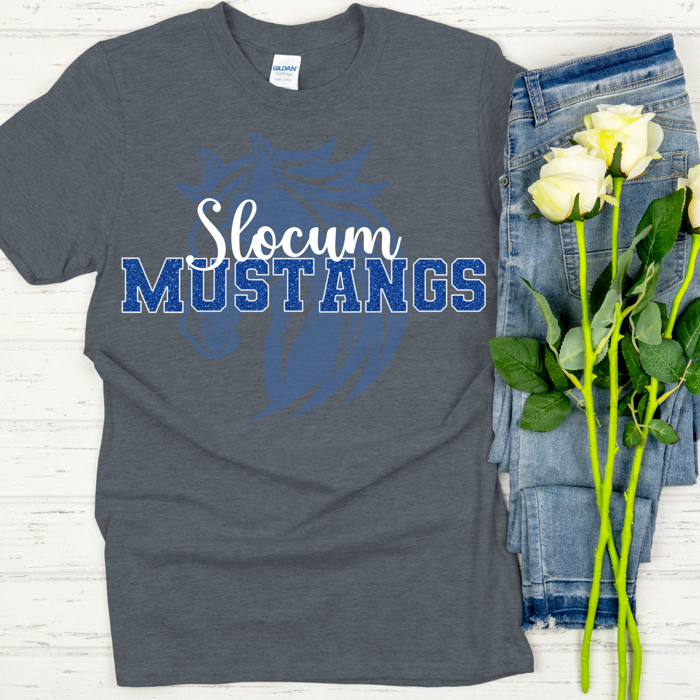 Slocum Mustangs Faux Blue Glitter White Outline with Mustang in Background
