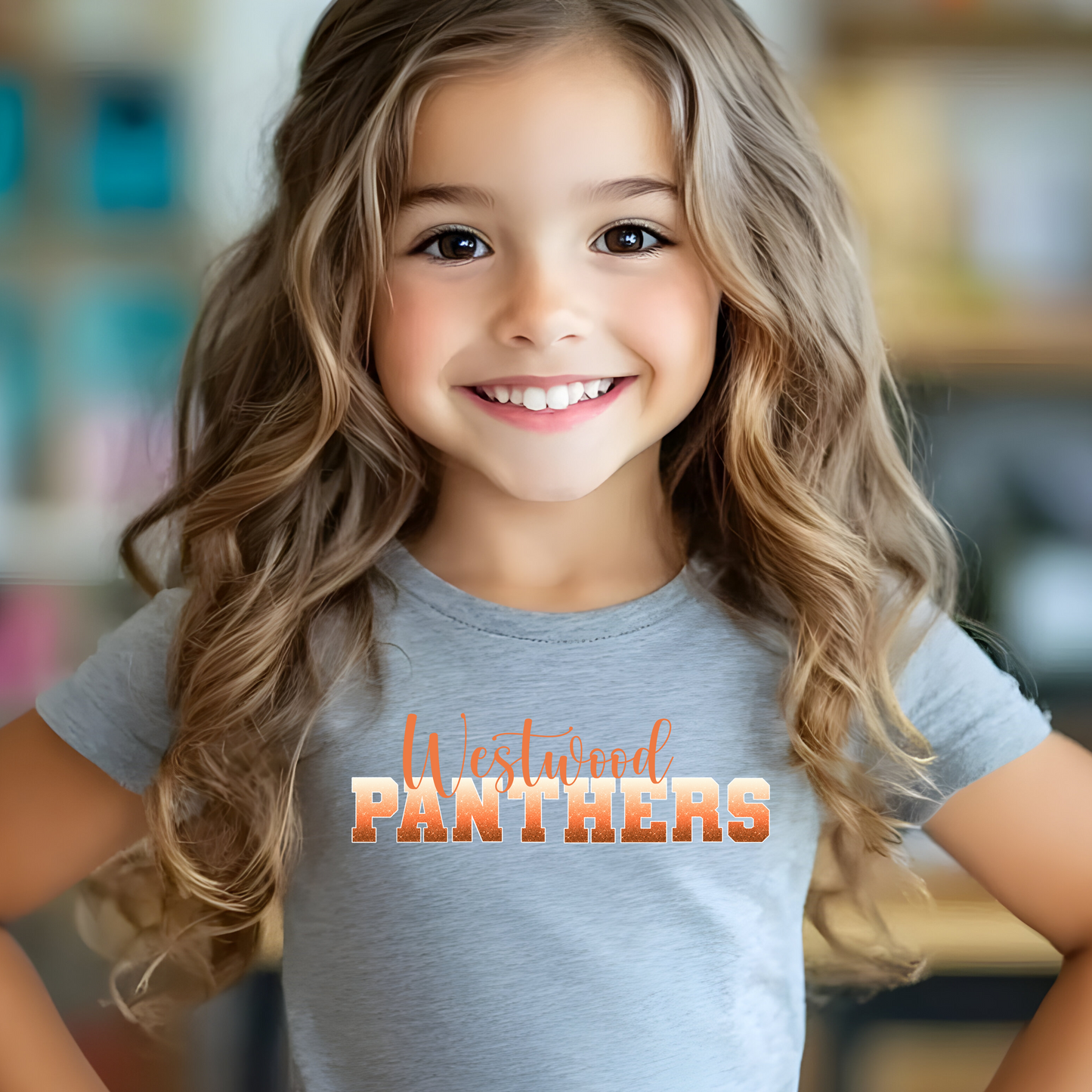 Panthers in Ombre Orange Faux Glitter with White Outline/ Westwood in Orange Font