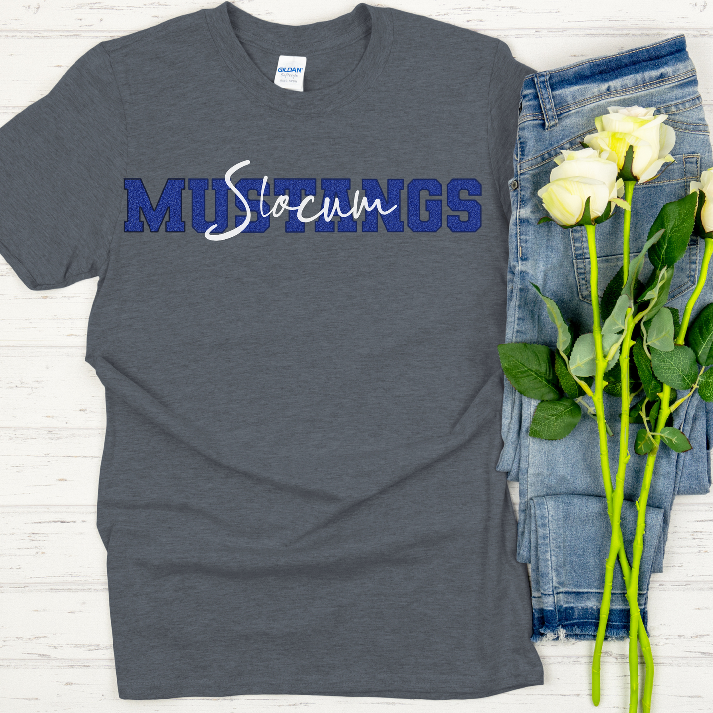 Slocum Mustangs in Faux Blue Glitter with White Overlay