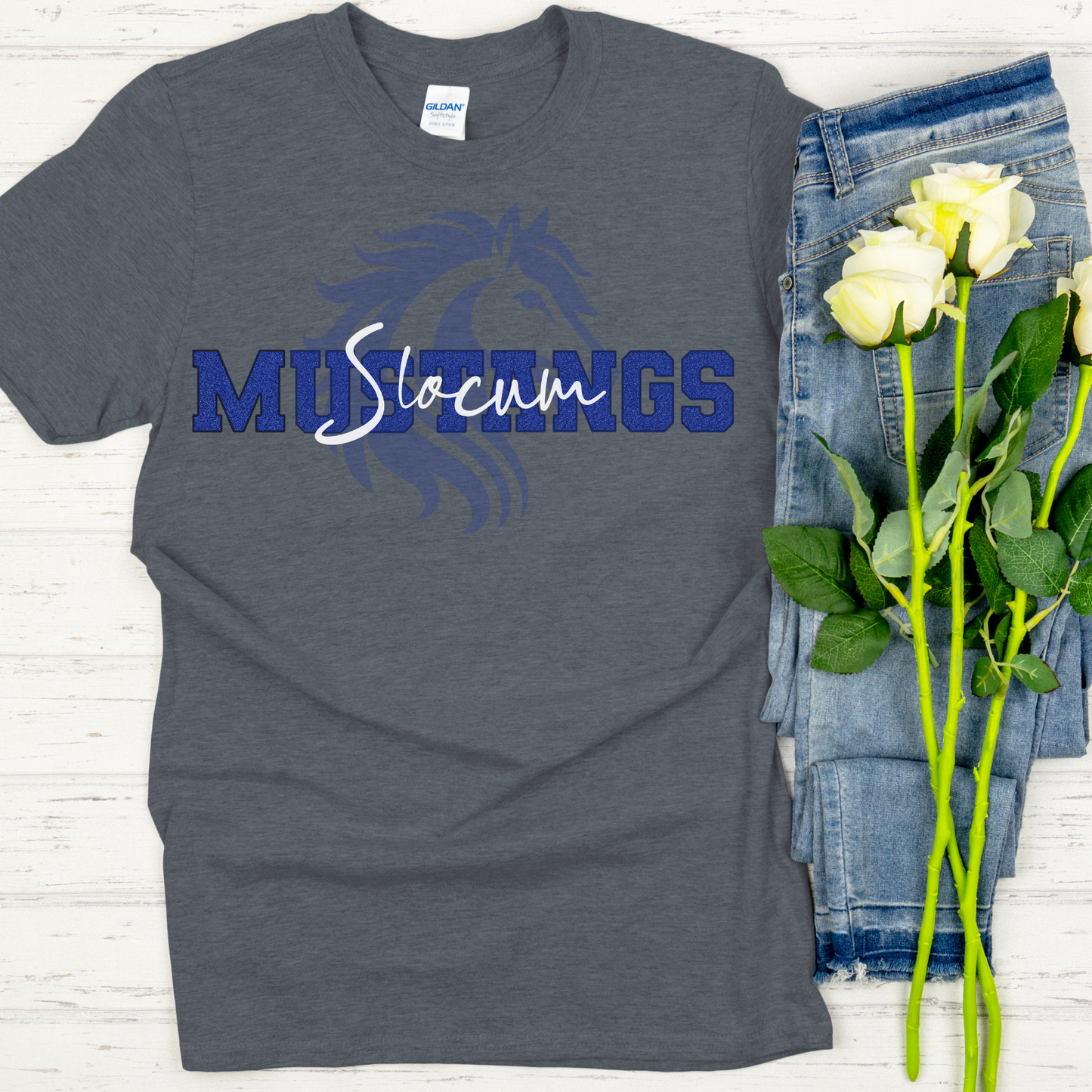 Slocum Mustangs in Faux Blue Sequin with Mustang in Background