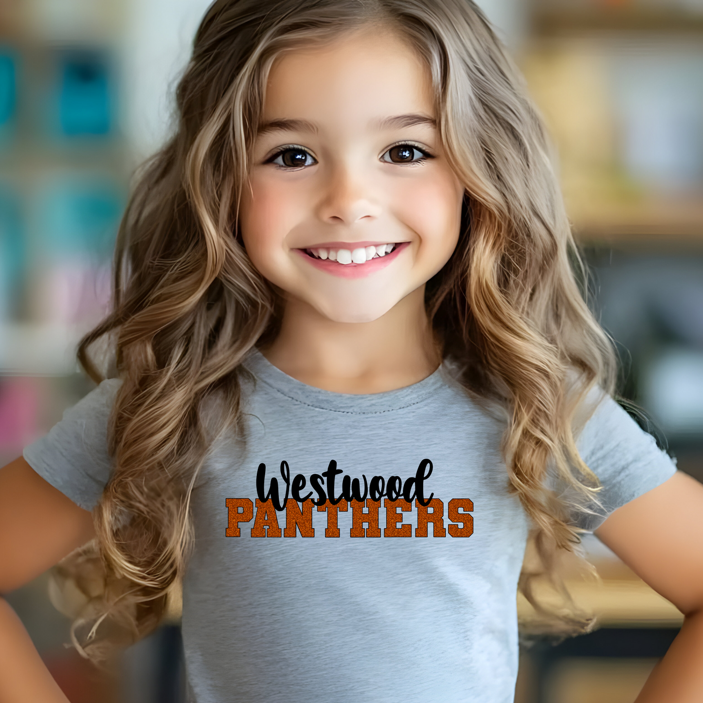Westwood Panthers in Orange Faux Glitter with Black Outline and Black Westwood