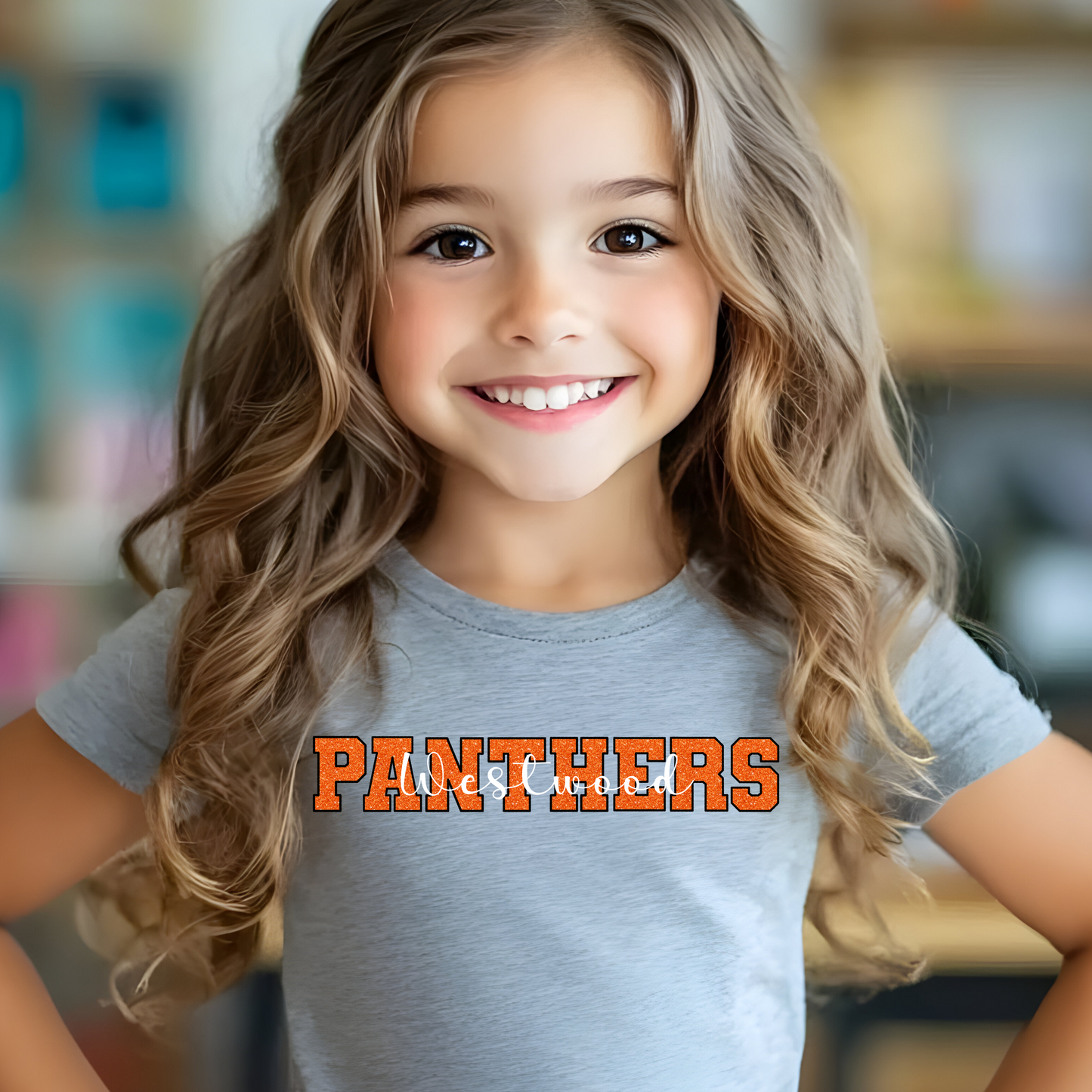 Panthers in Faux Orange Sequin with Westwood White Overlay