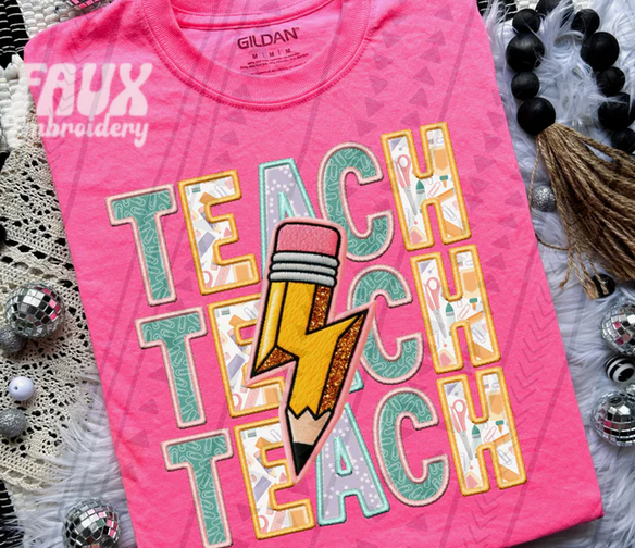 Faux Embroidery Stacked Teach with Pencil and Lightening Bolt (Pink)