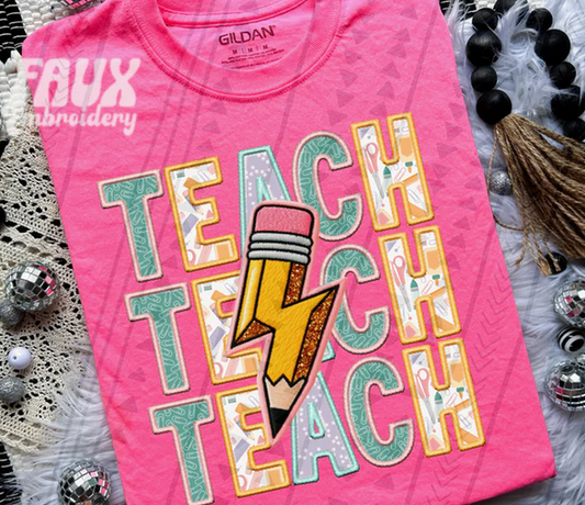 Faux Embroidery Stacked Teach with Pencil and Lightening Bolt (Pink)