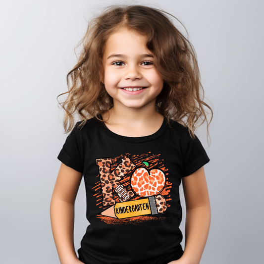 Hello Kindergarten with Leopard and Pencil Completed Shirt- Kid