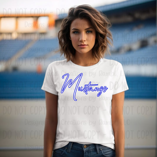 Slocum Mustangs Script White with Blue Outline