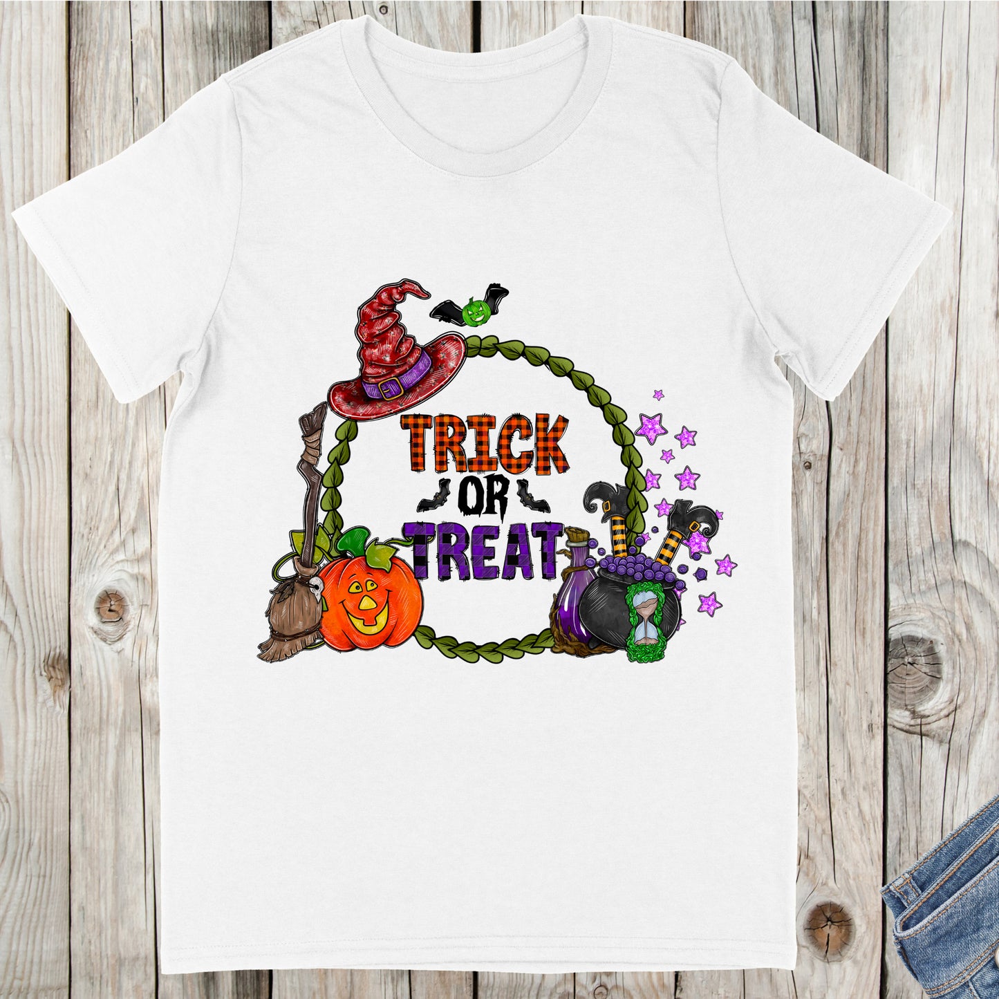 Trick or Treat with Witch Hat and Pumpkin Completed Shirt- Kid