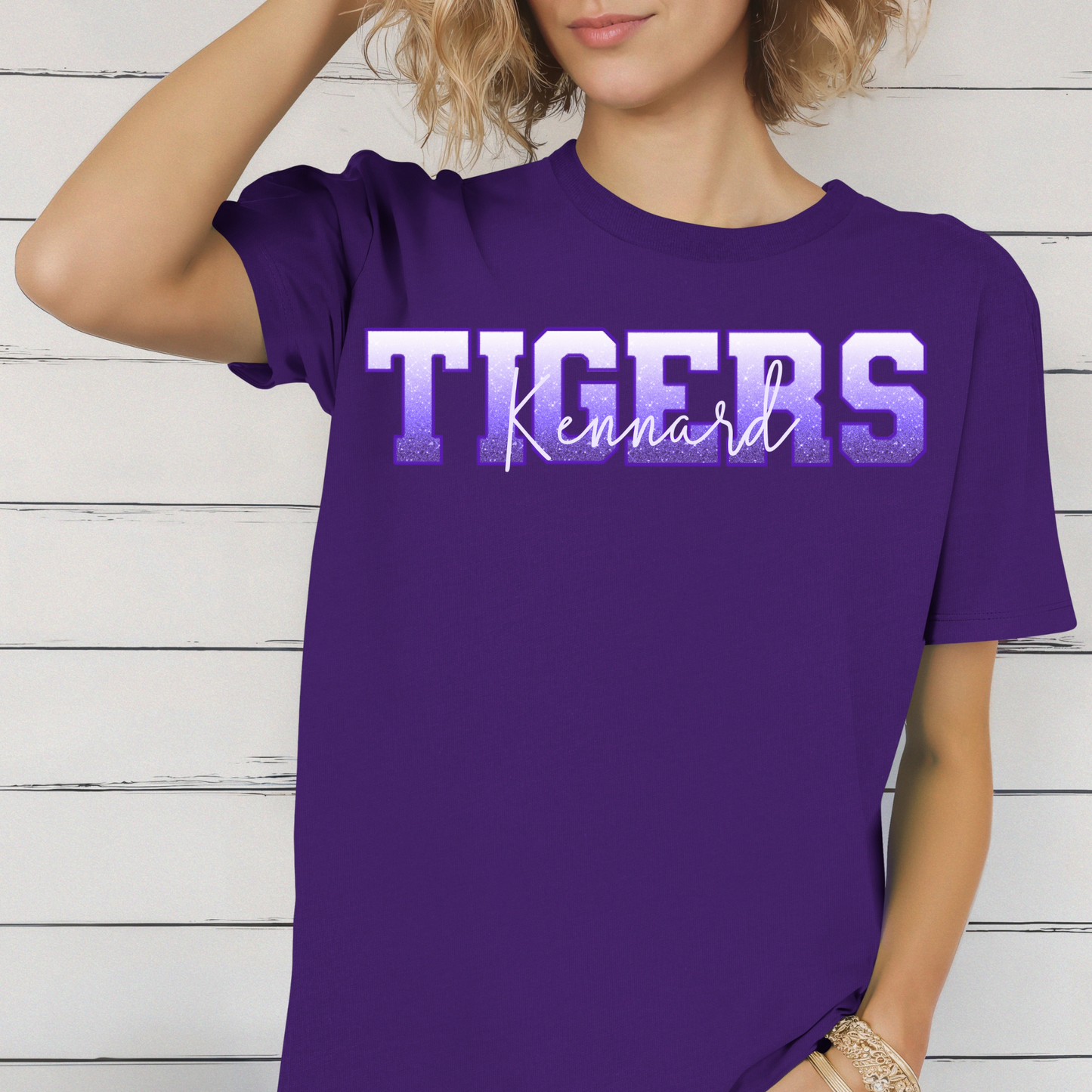Kennard Tigers in White to Purple Ombre Faux Glitter Purple Outline with White Overlay
