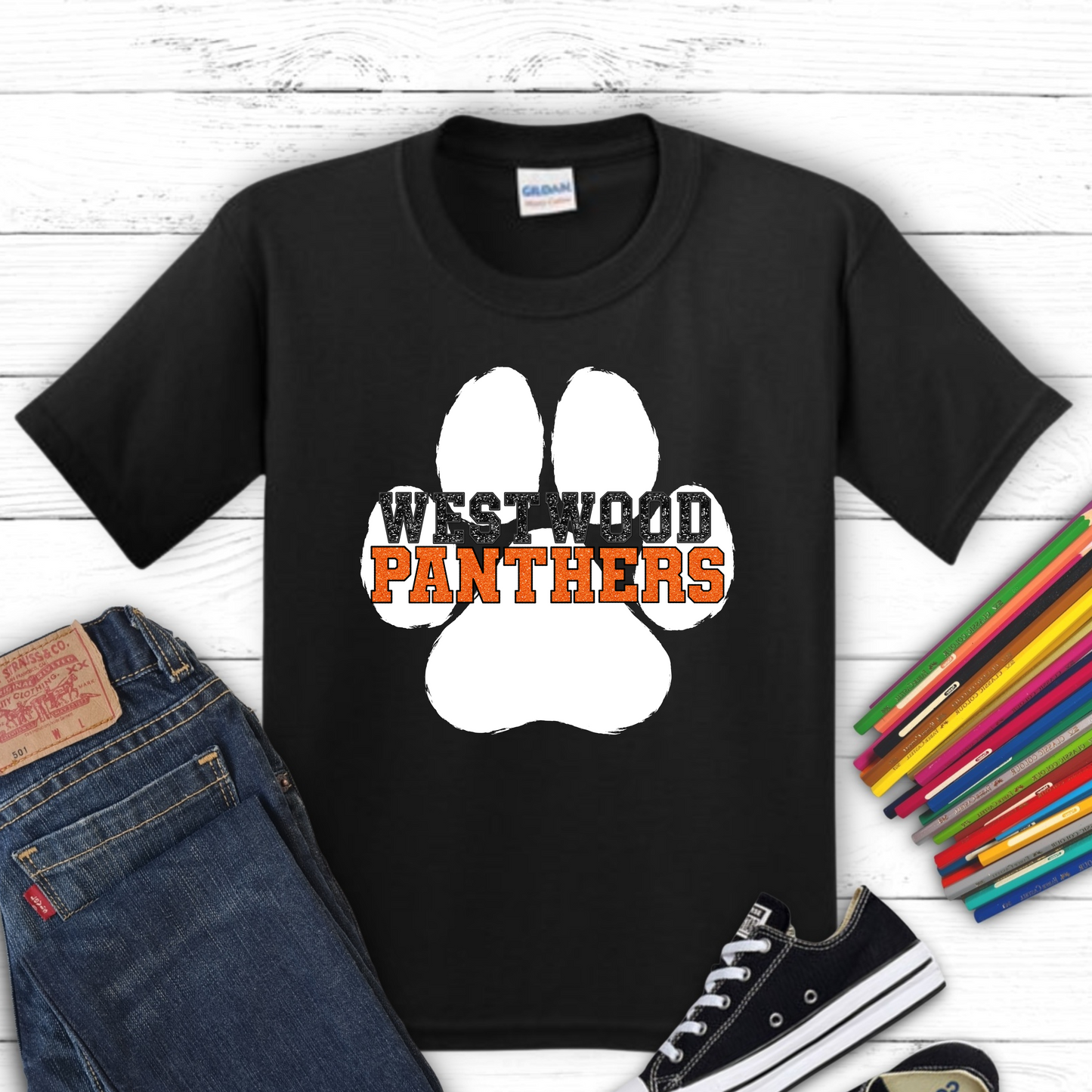 Westwood Panthers with Paw Print- Faux Glitter/Embroidery