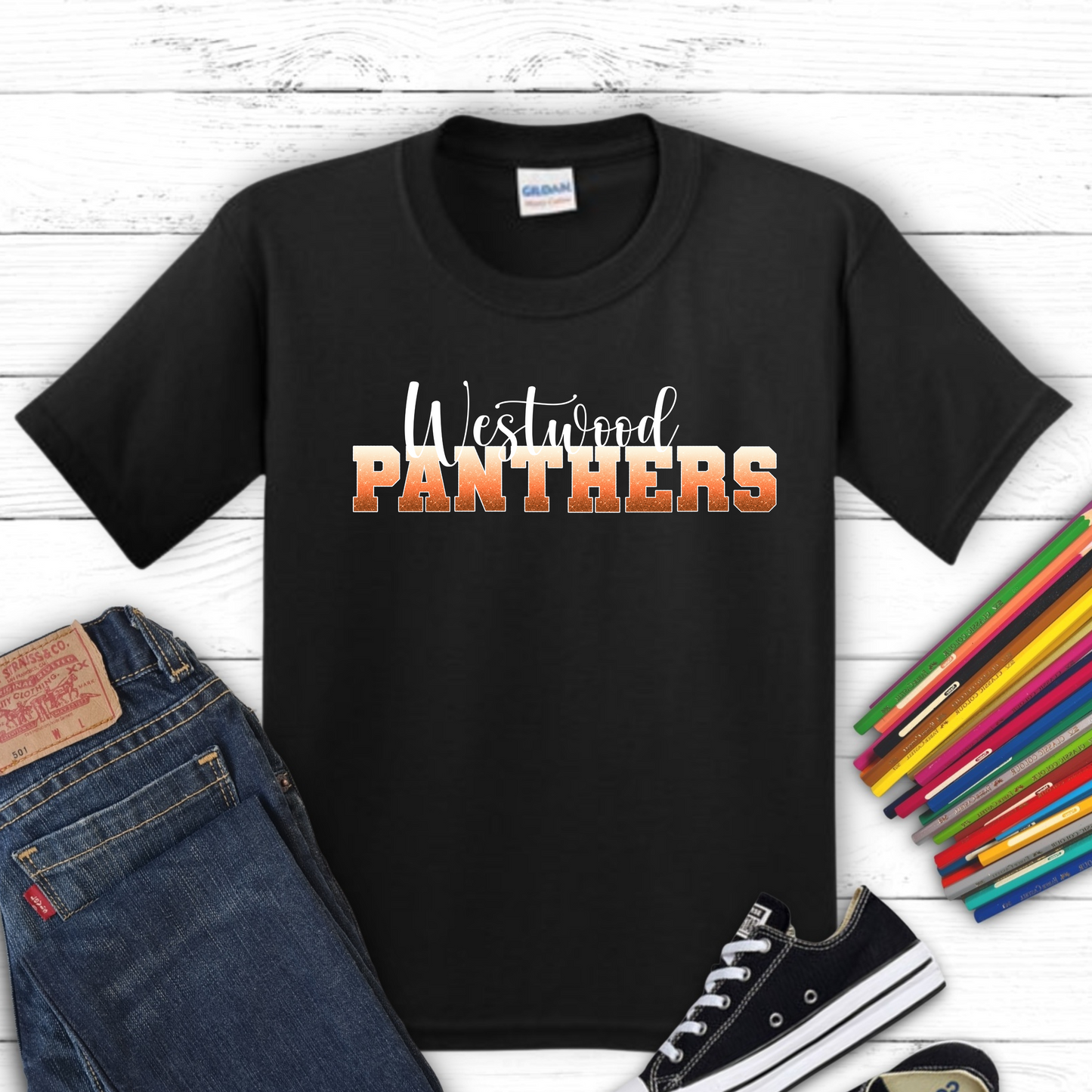 Panthers in Ombre Orange Faux Glitter with White Outline- Westwood in White