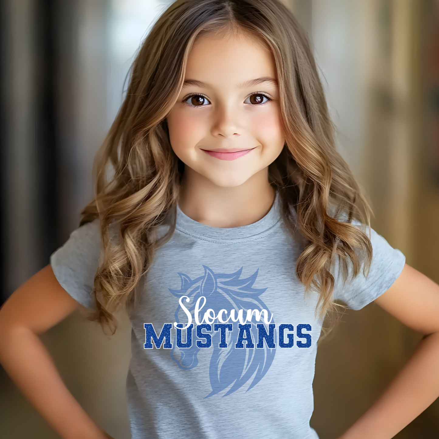 Slocum Mustangs Faux Blue Glitter White Outline with Mustang in Background