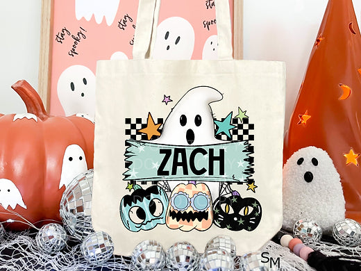 Personalized Ghost and Pumpkins Canvas Tote for Boys