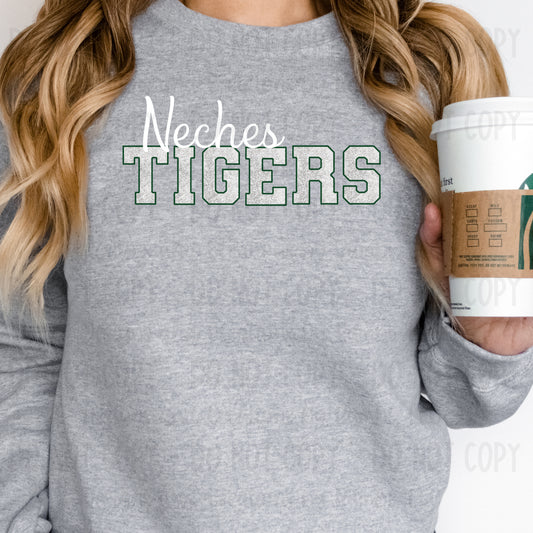 Neches Tigers Faux Glitter White with Green Outline