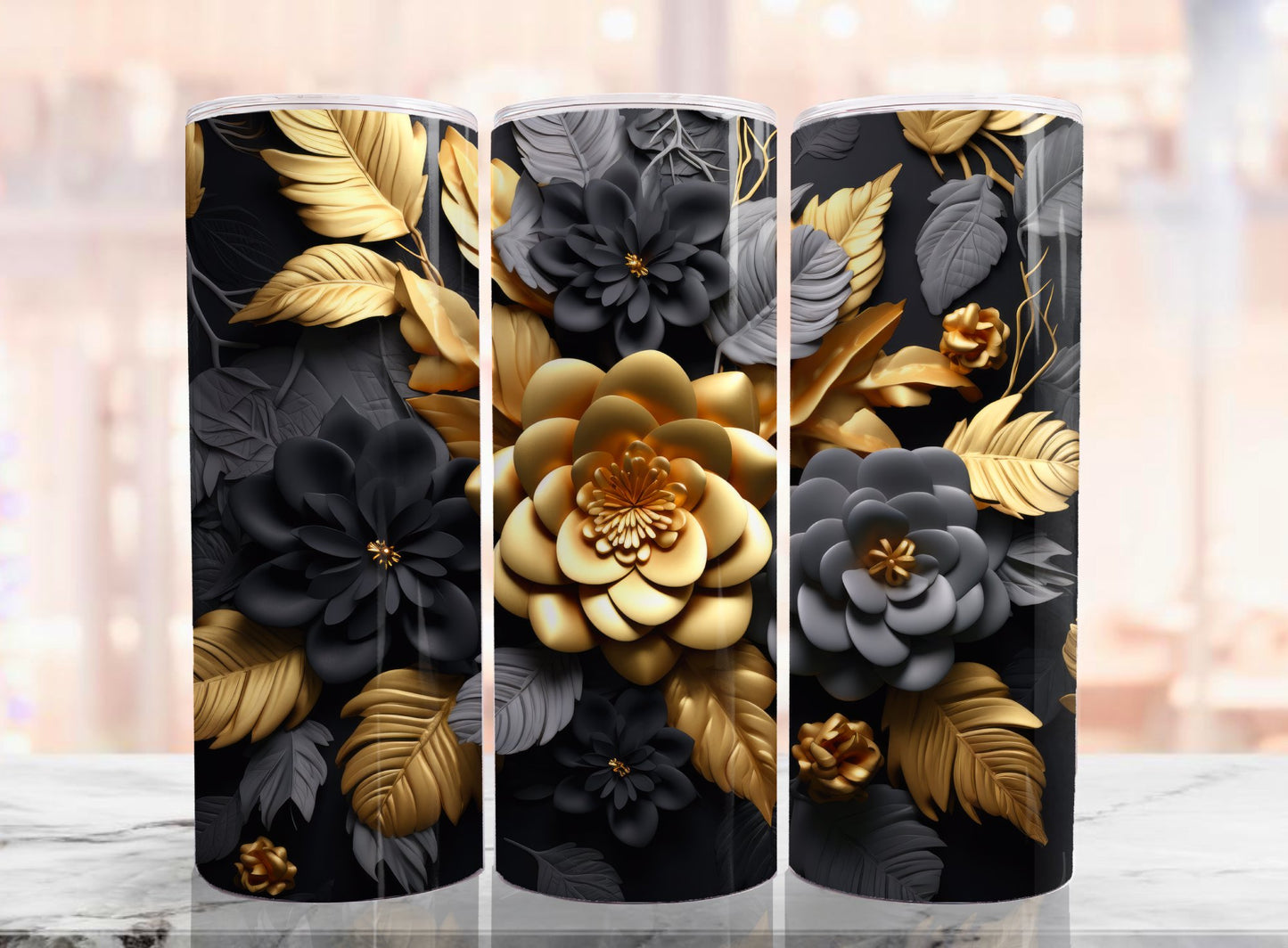 3D Black and Gold Flower Sublimated Tumbler