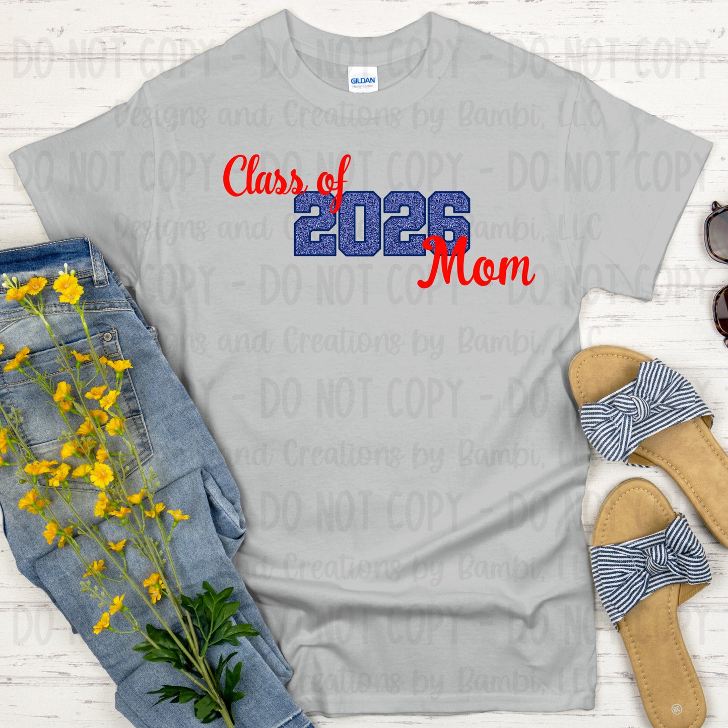 Class of 2026 Mom Faux Glitter/Embroidery Blue with Blue Outline and Red Font