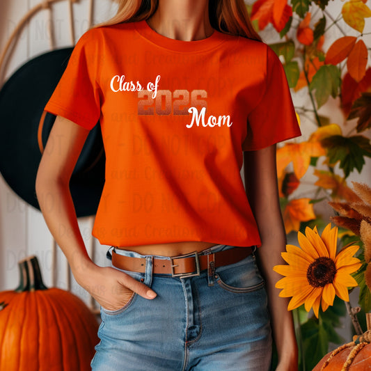 Class of 2026 Mom faux Glitter/Embroidery Orange with Orange Outline and White Font