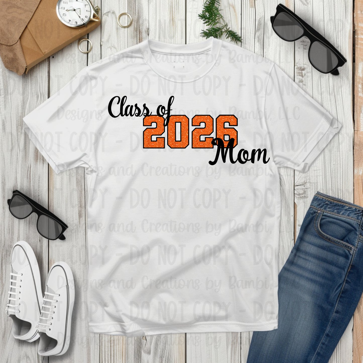 Class of 2026 Mom Faux Glitter/Embroidery Orange with Black Outline and Black Font