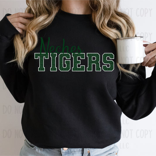 Neches Tigers Faux Green Glitter with White Outline