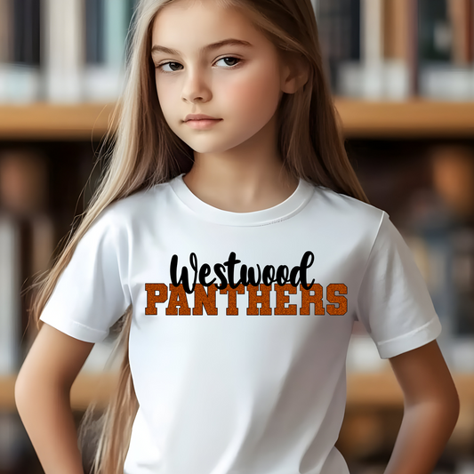 Westwood Panthers in Orange Faux Glitter with Black Outline and Black Westwood