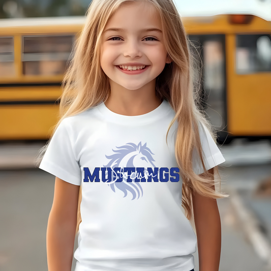 Slocum Mustangs in Faux Blue Sequin with Mustang in Background