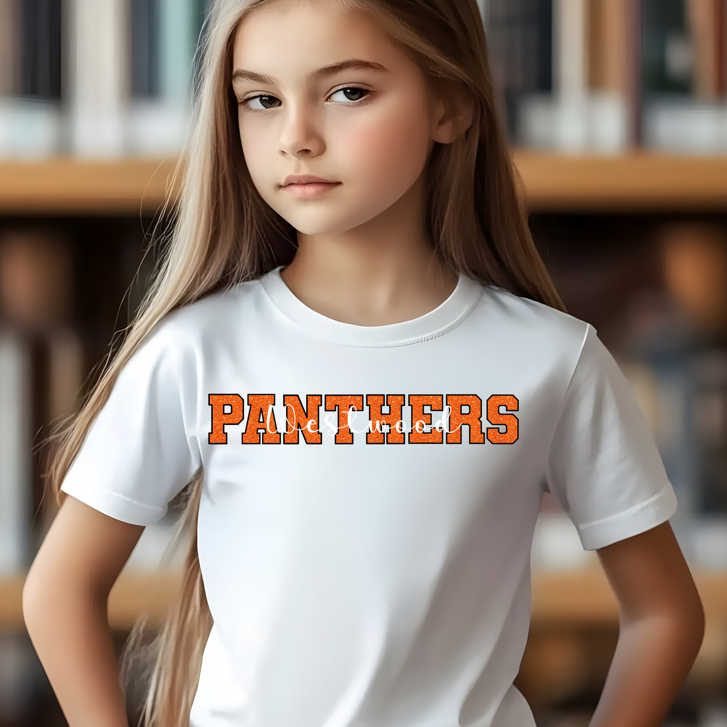 Panthers in Faux Orange Sequin with Westwood White Overlay