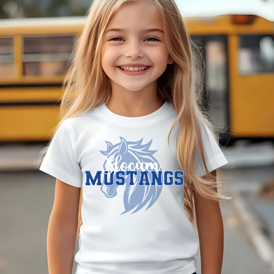 Slocum Mustangs Faux Blue Glitter White Outline with Mustang in Background