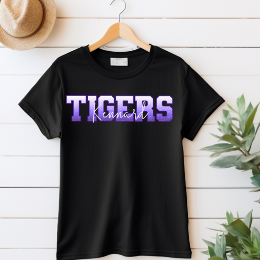 Kennard Tigers in White to Purple Ombre Faux Glitter Purple Outline with White Overlay