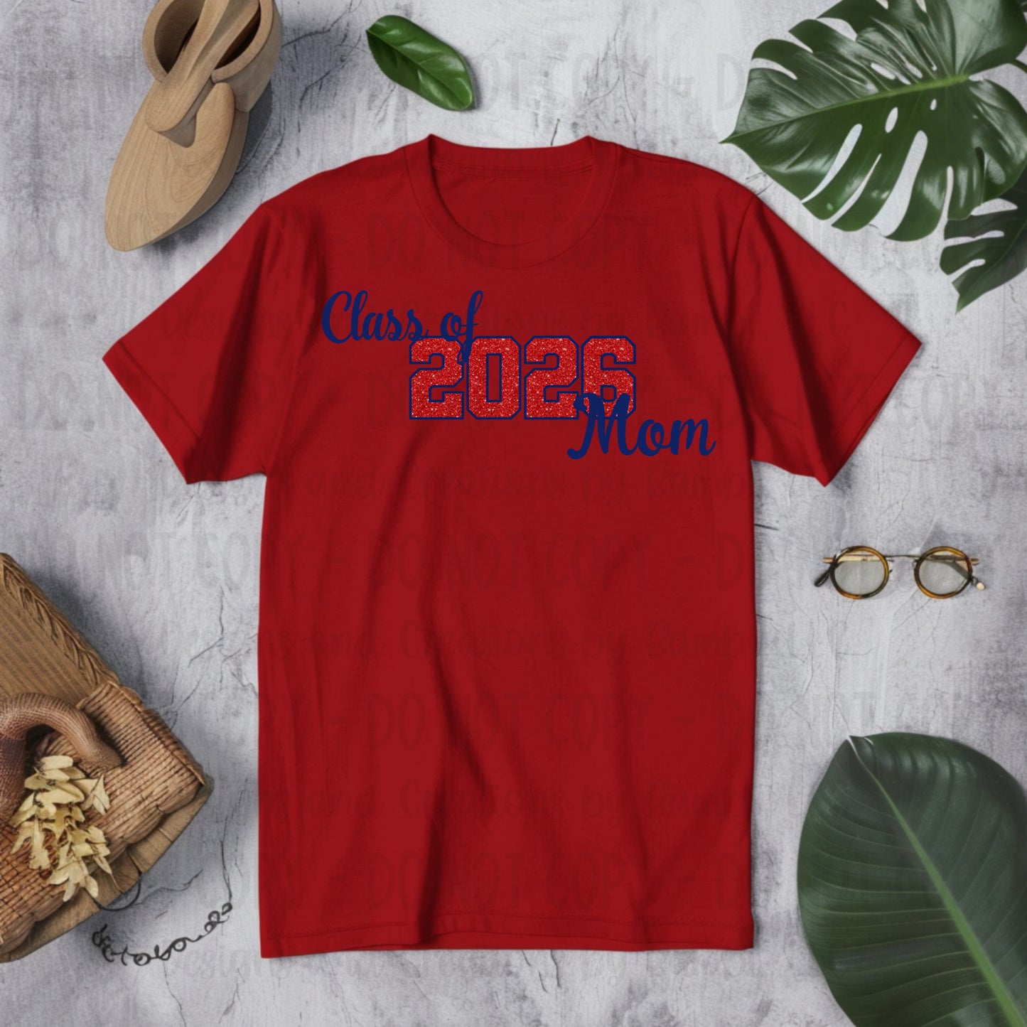 Class of 2026 Mom Faux Glitter/Embroidery Red with Blue Outline and Blue Font