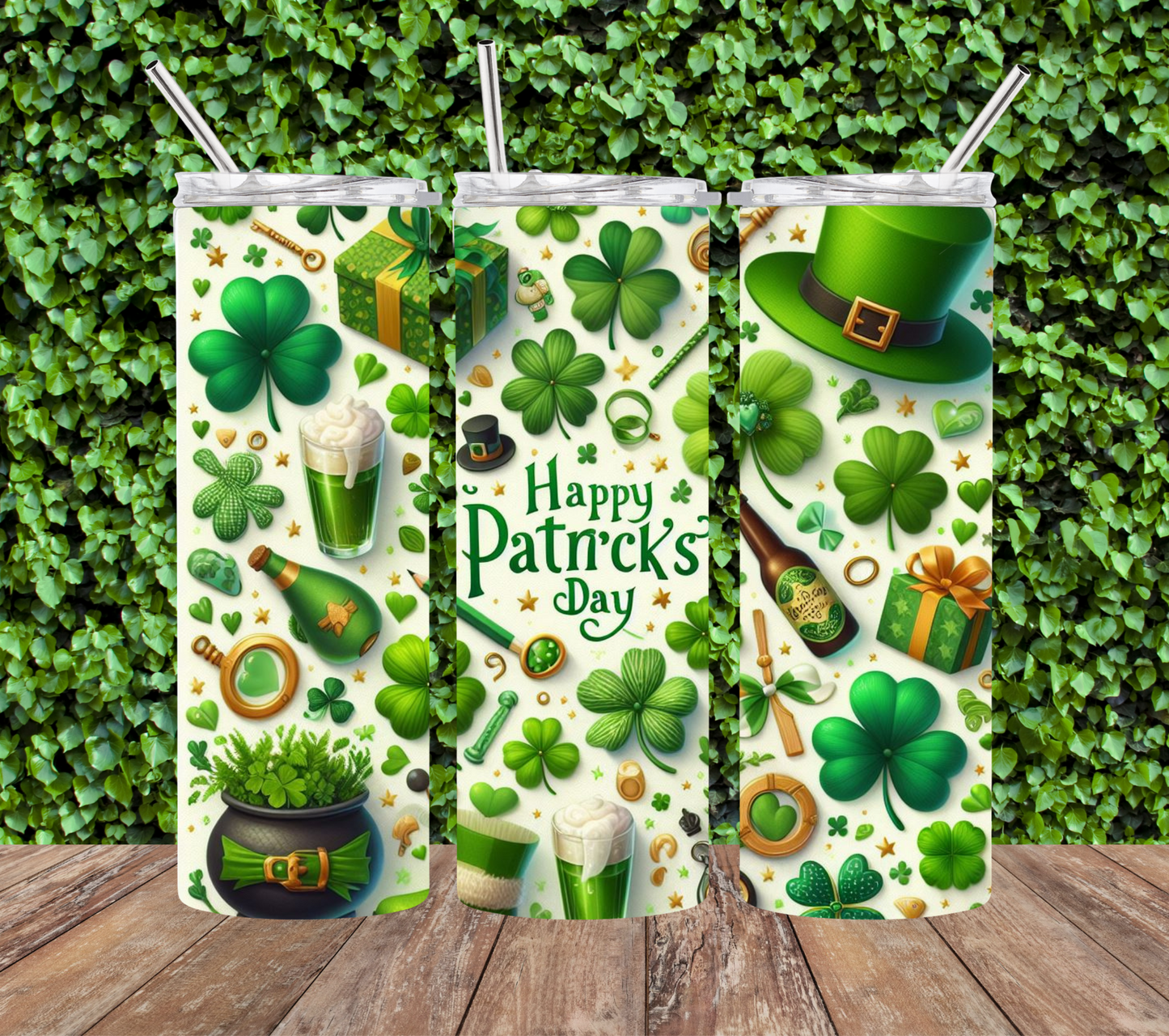 Happy St Patrick's Day with Shamrocks 20 oz Skinny Tumbler