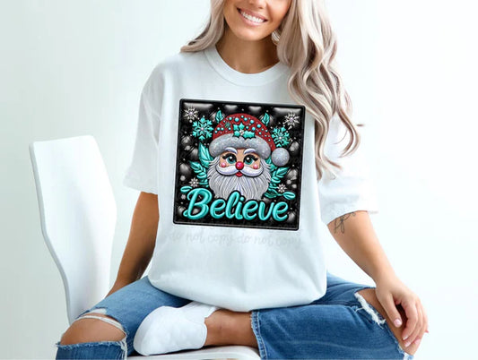 Believe Santa with Turquoise Faux Embroidery