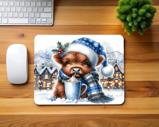 Blue Christmas Highland Cow Mouse Pad