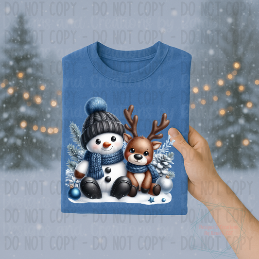 Blue Snowman with Deer in Snow