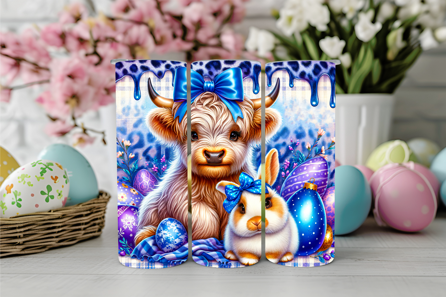 Blue and Purple Easter Highland Cow Tumbler