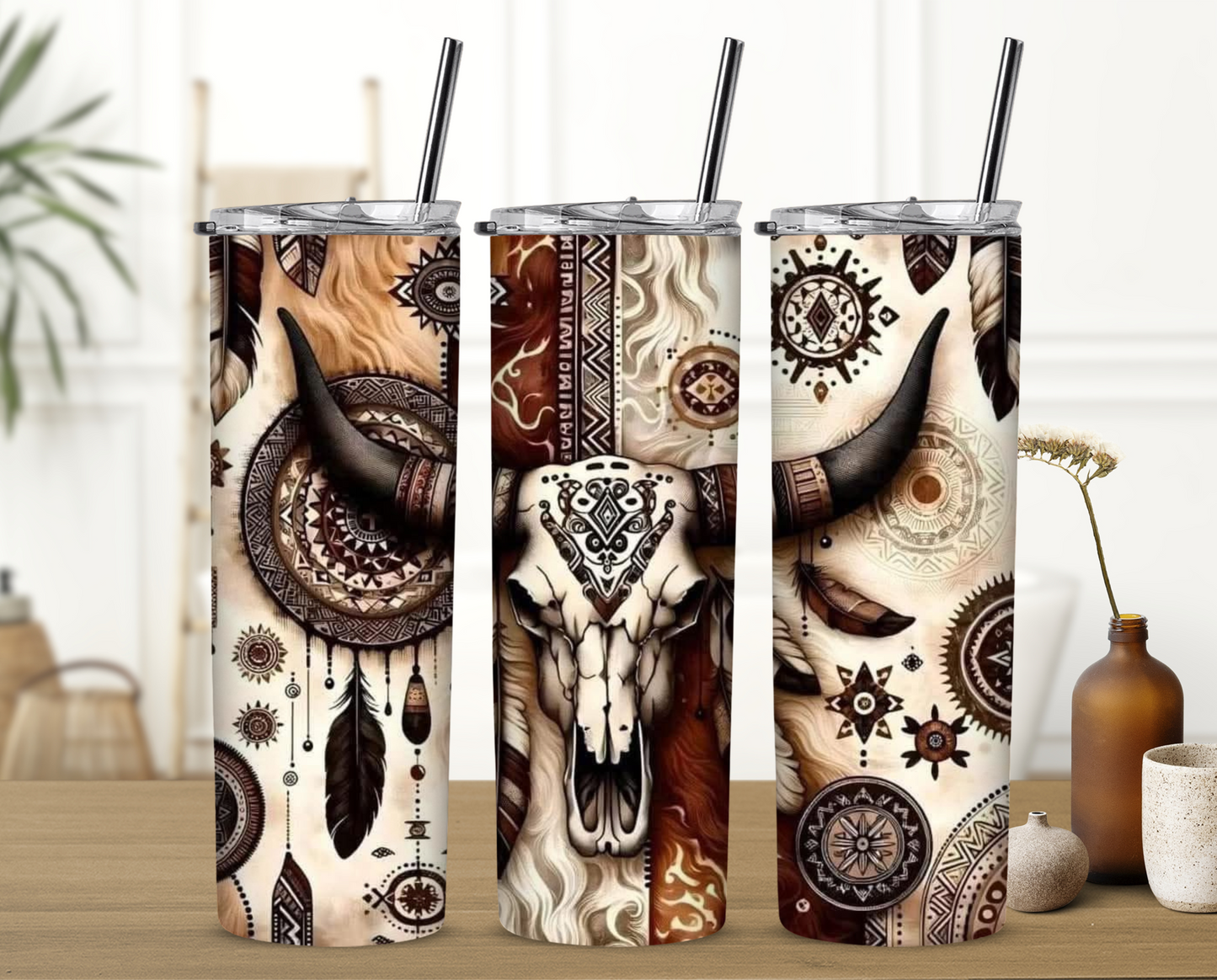 Boho Cow Skull Brown Sublimation Tumbler
