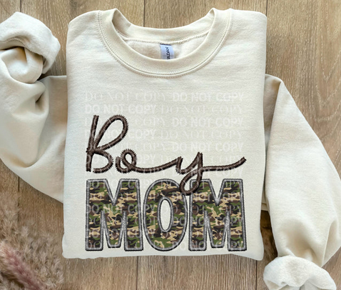 Boy Mom Script Camo Faux Embroidery