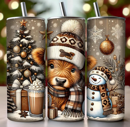 Brown Highland Cow Christmas Sublimation Tumbler