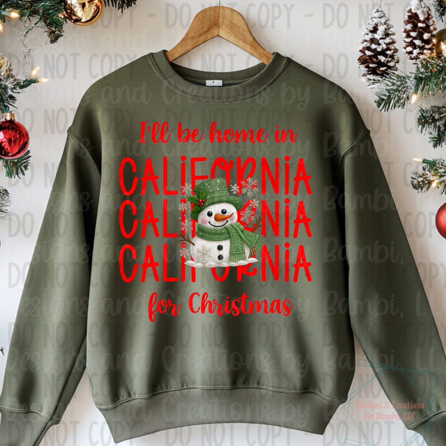 I'll Be Home In States Sage Green Snowman with Red Font Collection