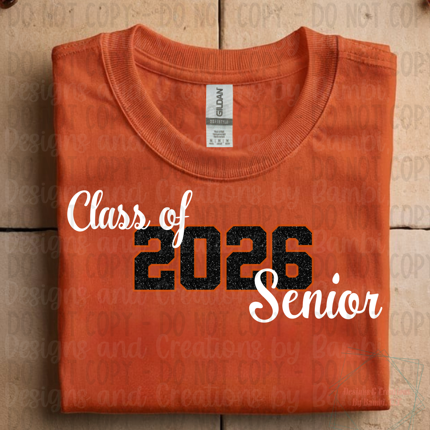 Class of 2026 Senior Faux Glitter Black with Orange Outline and White Font