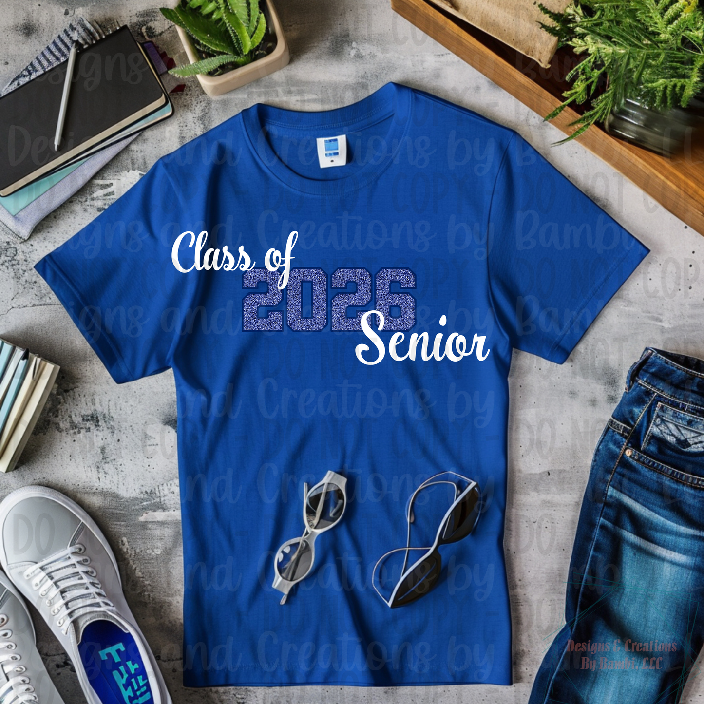 Class of 2026 Senior Faux Glitter Blue with Blue Outline and White Font