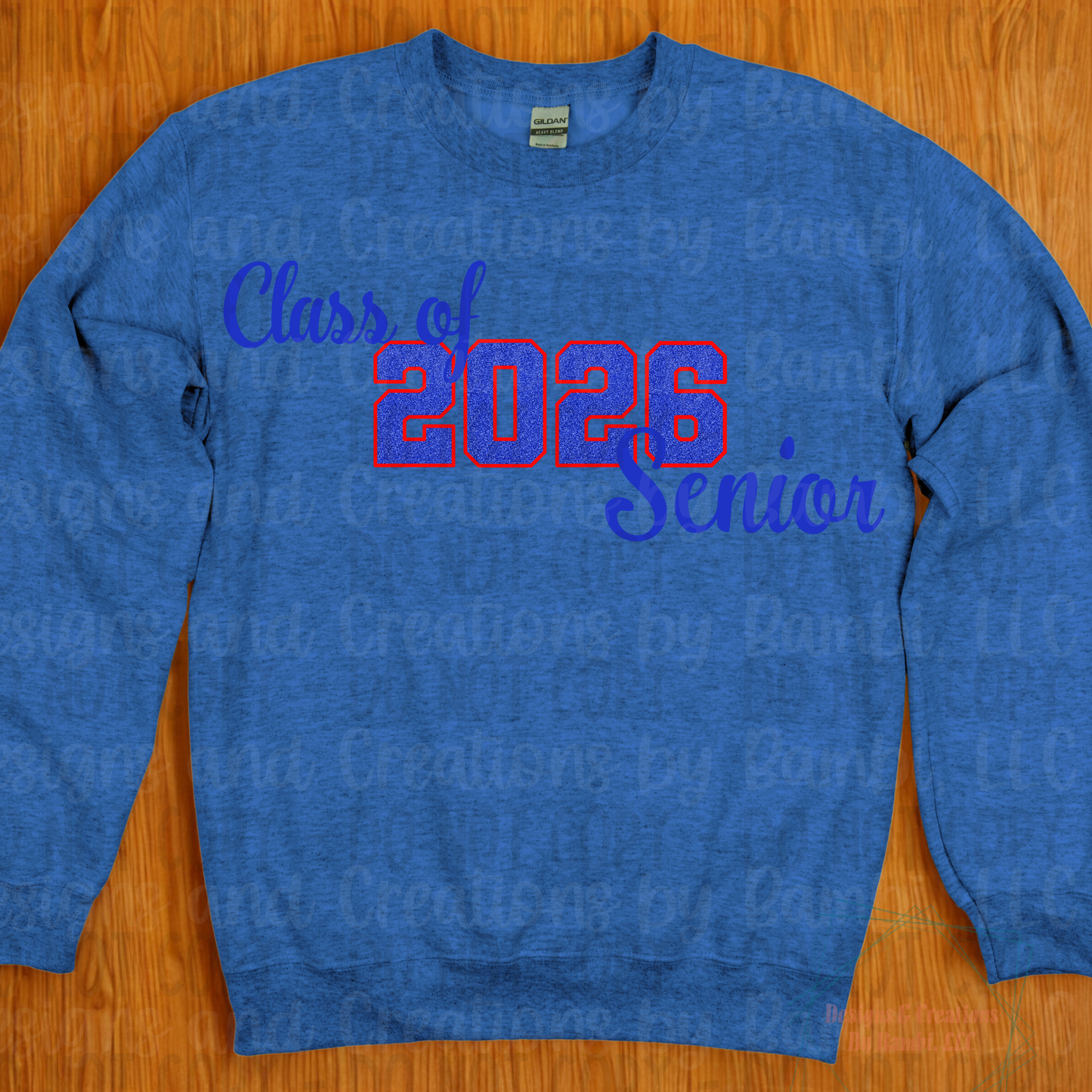Class of 2026 Senior Faux Glitter Blue with Red Outline and Blue Font