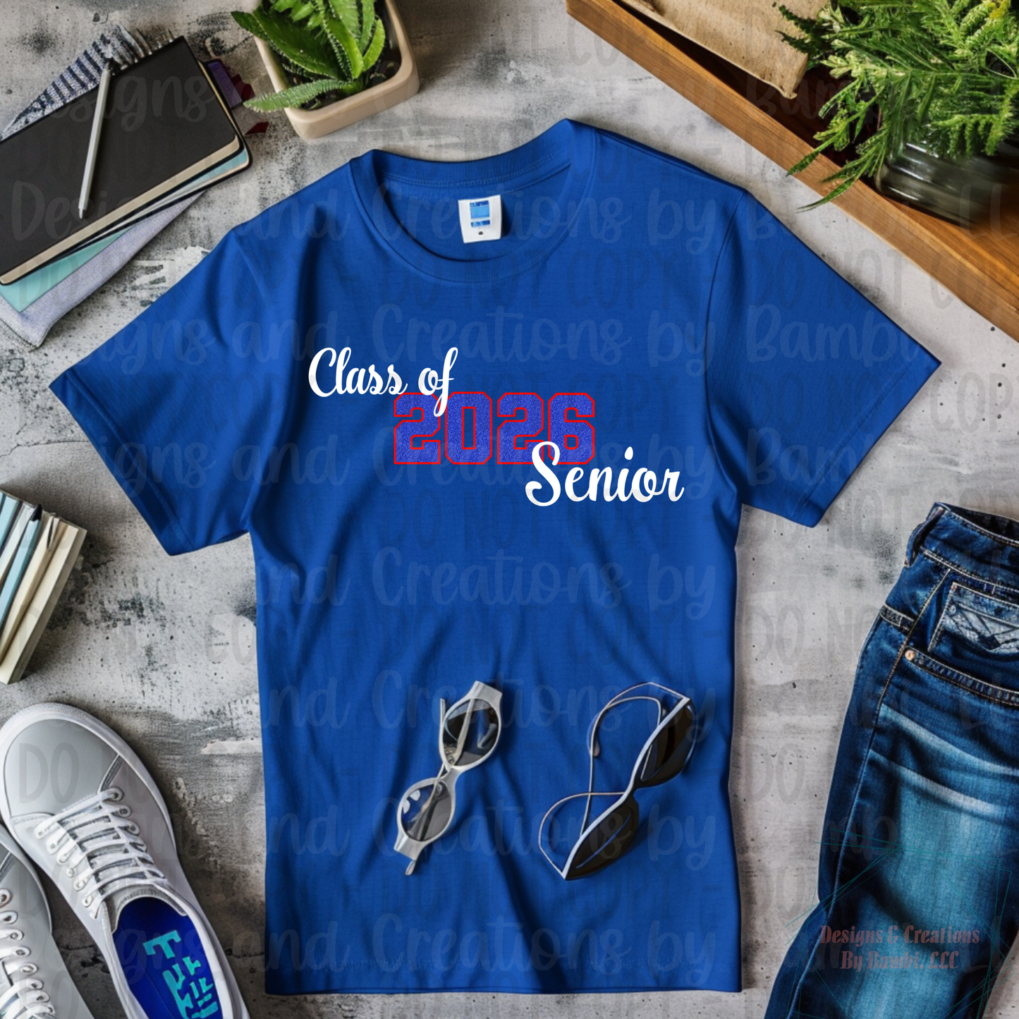 Class of 2026 Senior Faux Glitter Blue with Red Outline and White Font