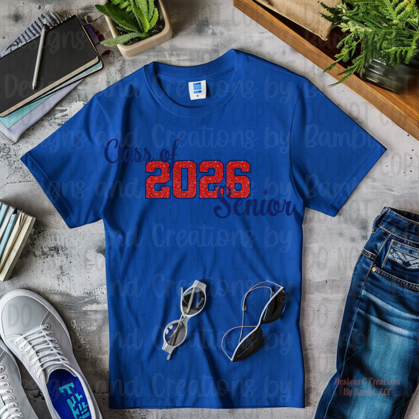 Class of 2026 Senior Faux Glitter Red with Blue Outline and Blue Font