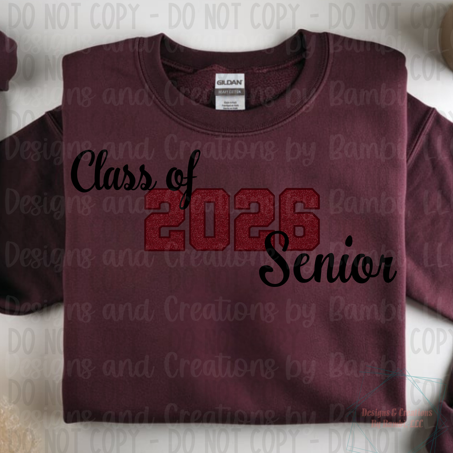 Class of 2026 Senior Faux Glitter Maroon with Maroon Outline and Black Font