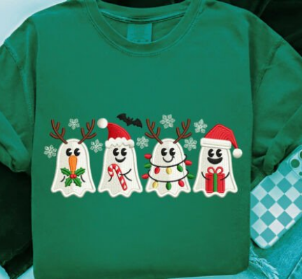 Faux Yarn/Embroidery Cute Ghosts with Santa Hats