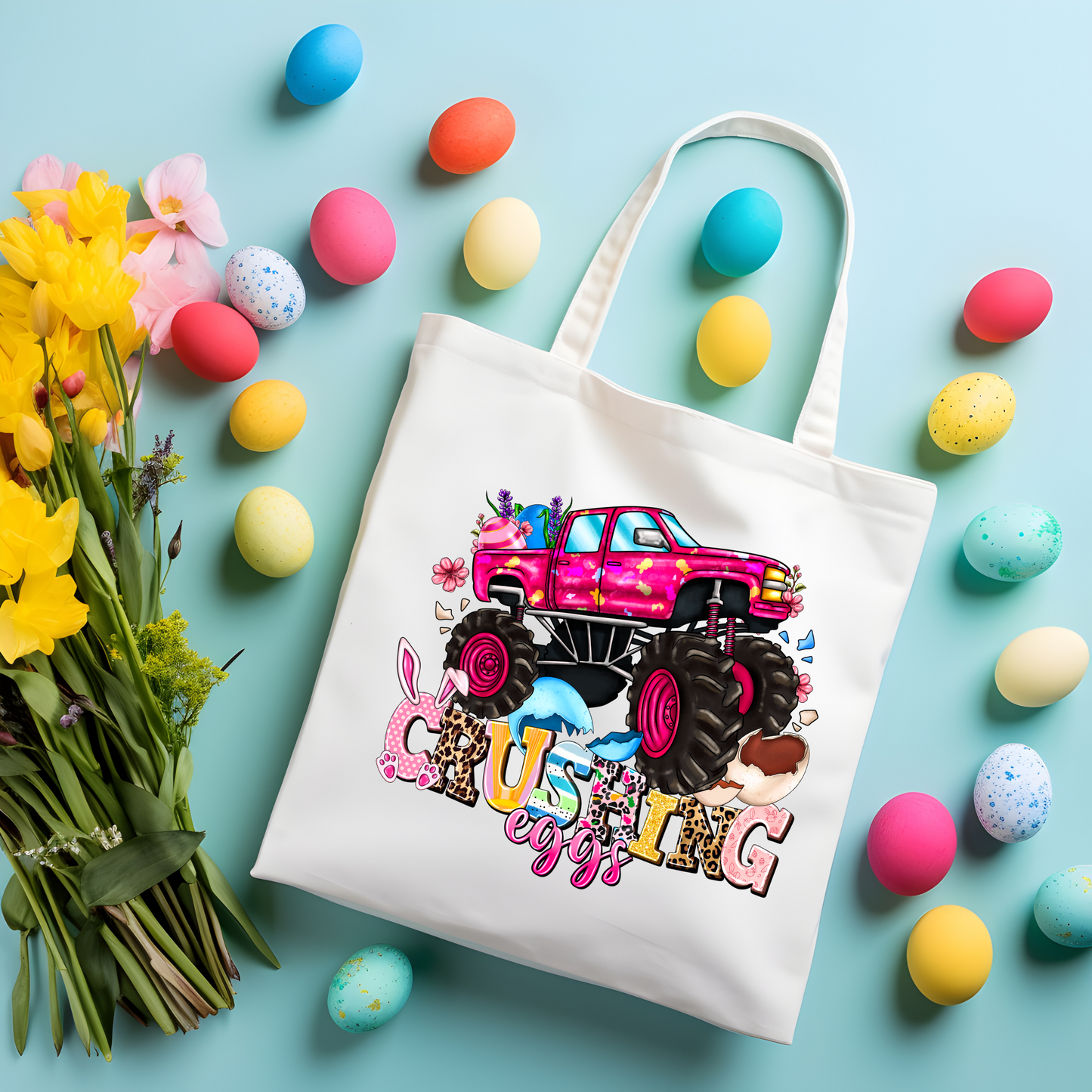 Crushing Eggs Pink Monster Truck Canvas Tote